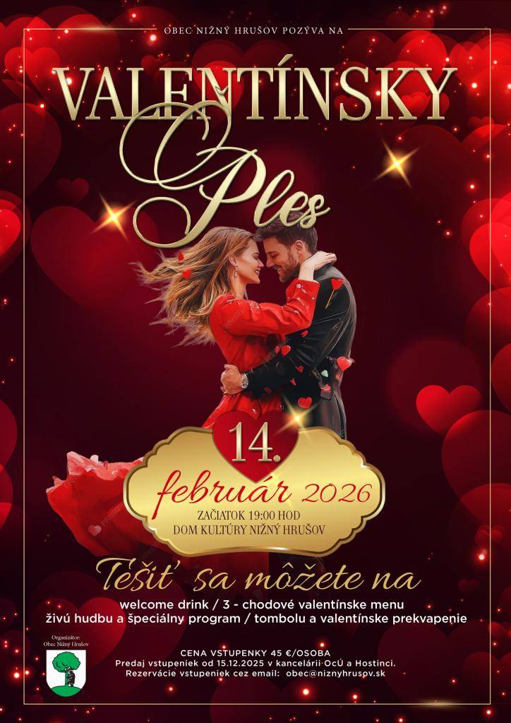 Obec Nižný Hrušov pozýva na Valentínsky ples, ktorý sa uskutoční 14. februára 2026 o 19:00 hod. v Dome kultúry.