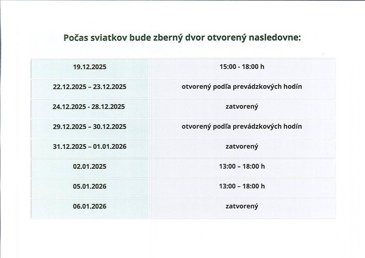 Počas sviatkov bude zberný dvor otvorený nasledovne: