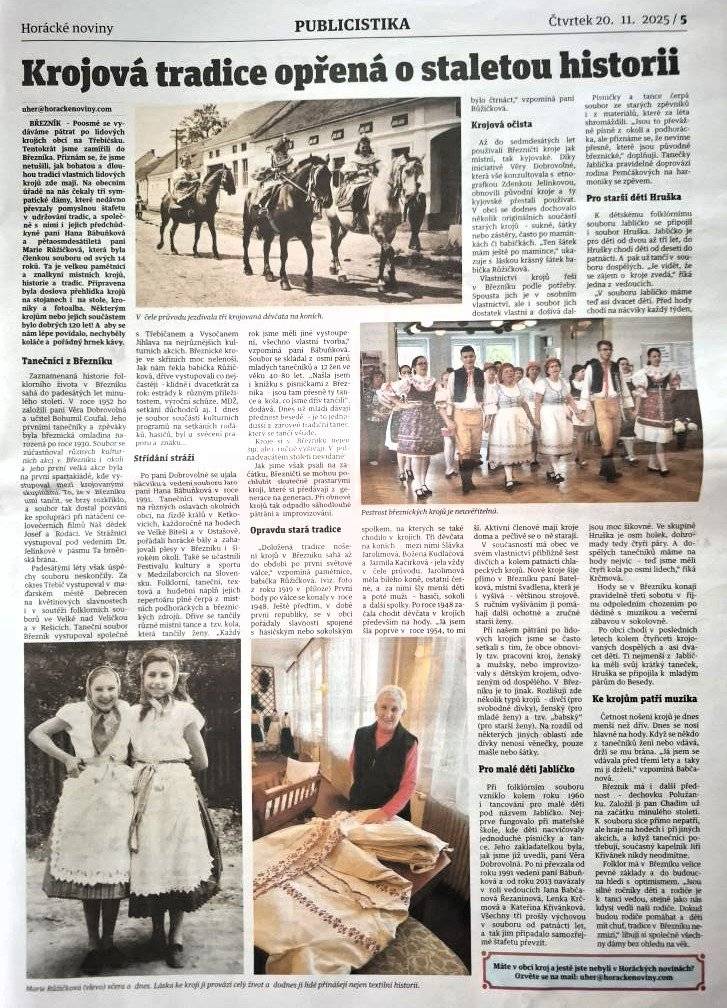 Článek o březnických krojích v Horáckých novinách: