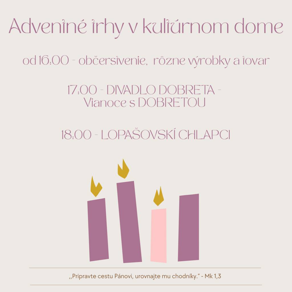 Obec Dolný Lopašov v spolupráci s farskou radou v Dolnom Lopašove pozývajú všetkých na adventné trhy, ktoré sa budú konať v sobotu 13.12. v kultúrnom dobe v Dolnom Lopašove.