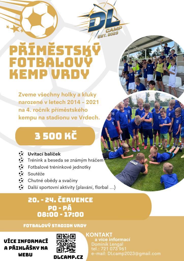Společnost DL Camp nabízí příměstský fotbalový tábor ve Vrdech či Vlkanči v různých termínech. Děti se mohou těšit na fotbalové tréninkové jednotky, soutěže a chutné obědy. Kromě fotbalu se zúčastní i dalších sportovních aktivit, jako je plavání a florbal.