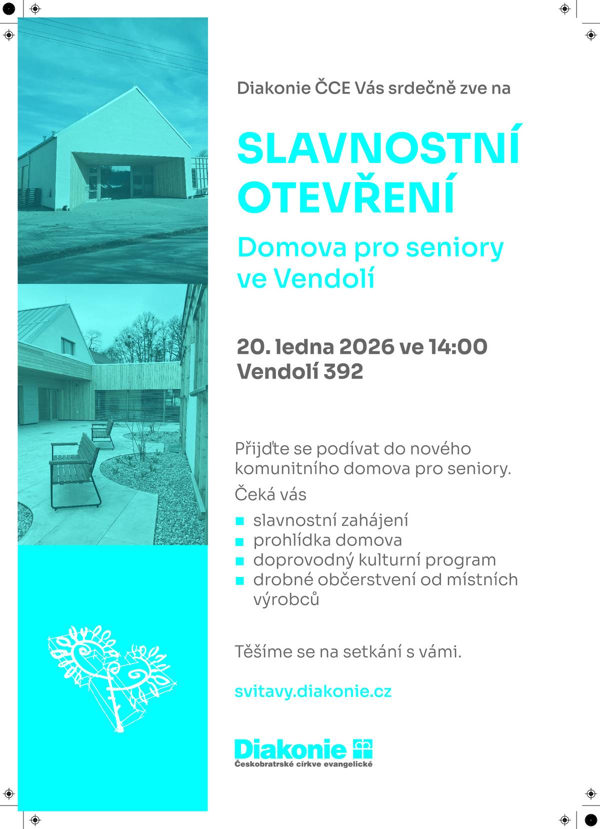 Srdečně vás zveme na slavnostní otevření komunitního Domova pro seniory ve Vendolí, které se uskuteční v úterý 20. ledna 2026 od 14.00 hodin na adrese Vendolí 392.   Těšit se můžete na prohlídku domova, doprovodný kulturní program i občerstvení od místních výrobců.     Více informací o projektu najdete na svitavy.diakonie.cz