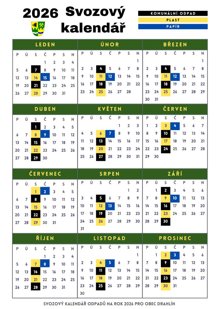 Termíny svozů komunálního a Door to Door odpadu v obci Drahlín od ledna do prosince 2026