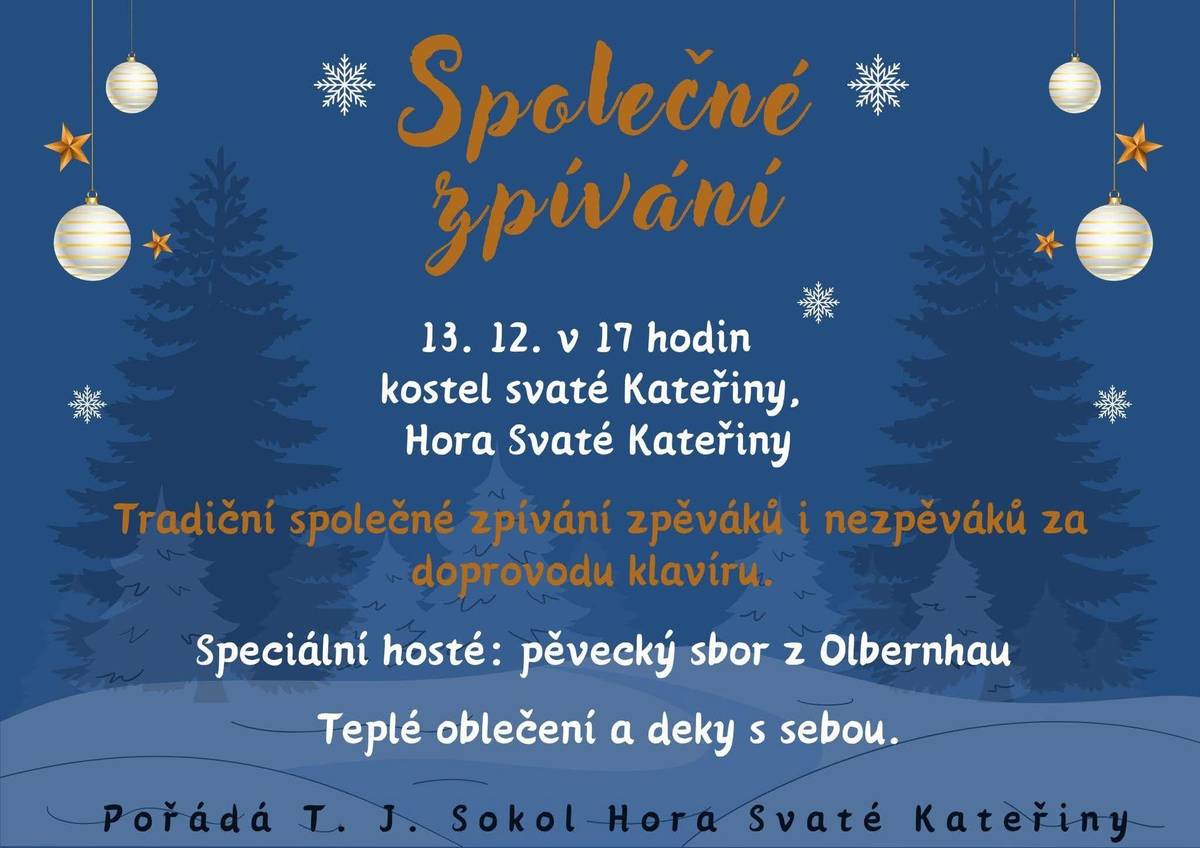 Již dnes!  od 17 hodin! Vemte teplé deky a podsedáky a přijďte nasát vánoční atmosféru do kostela sv. Kateřiny.  Společně si zazpíváme nejznámější koledy a zase budeme o kousek blíž Vánocům. Není potřeba se stydět, zazpívat si od srdce může vážně každý.  O hudební doprovod se postará maestro Alferi. Těšit se můžete i na zpěváky ze sboru 696 m n. m. a německé sboristy při Theater Variabel z Olbernhau.