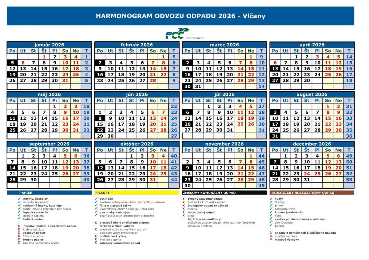 Harmonogram odvozu TKO na rok 2026