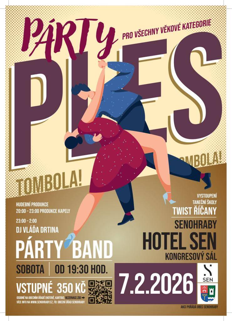 Již třetí obecní Párty Ples se koná 7. 2. 2025 od 19:30 opět v krásných prostorách hotelu SEN, konkrétně v kongresovém sálu.   Rezervace přes objednávkový systém QR -na plakátu.   Platba pomocí přiloženého QR kódu nebo převodem, info viz níže.