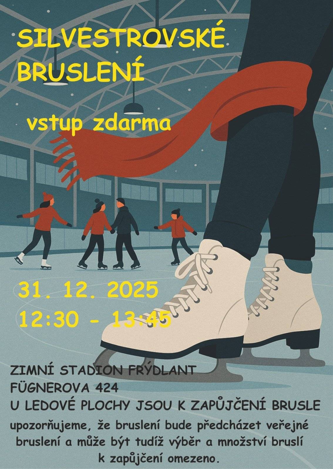 Už máte plány na Silvestr? Nasaďte brusle a pojďte si s námi zabruslit.  Pronajali jsme pro Oldřichováky ledovou plochu, abychom do Nového roku vykročili v dobré kondici. Těšíme se na Vás dne 31. 12. 2025 od 12:30 - 13:45 na Zimním stadionu Frýdlant, Fügnerova 424. Brusle je možné si zapůjčit v omezeném množství na místě. VSTUP ZDARMA.  Jana a Jířa