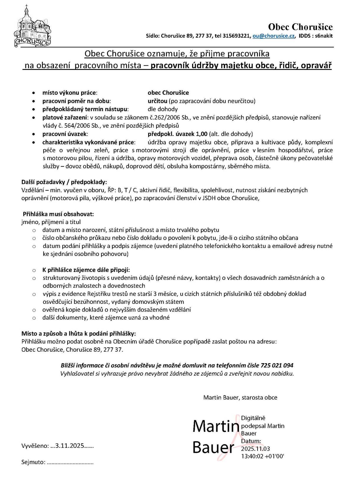 Volné pracovní místo  - Chorušice