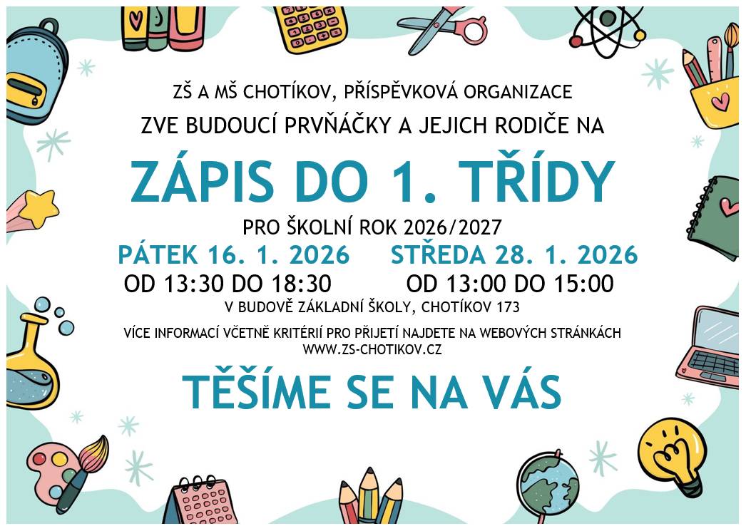 Zápis se uskuteční 16. 1. 2026 od 13:30 do 18:30 (náhradní termín 28. 1. 2026 od 13:00 do 15:00). Na konkrétní dobu zápisu se bude možné registrovat pomocí rezervačního systému, který bude spuštěn dne 15. 12. 2025 od 12:00 hodin na webových stránkách školy.