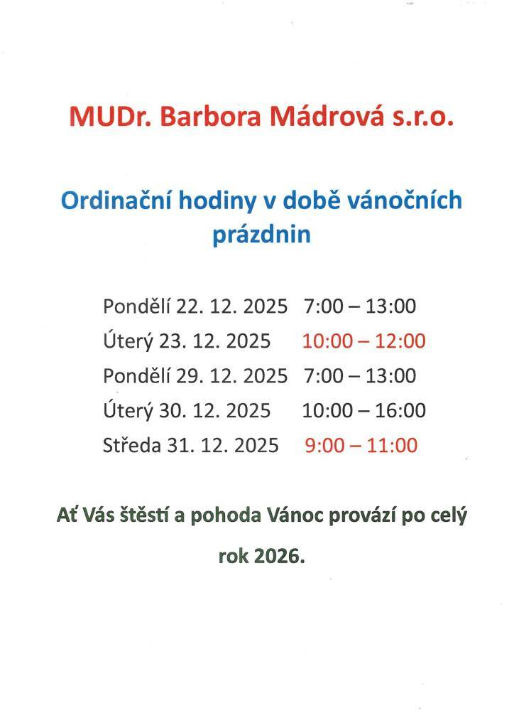 MUDr. Mádrová - ordinační hodiny v době vánočních prázdni