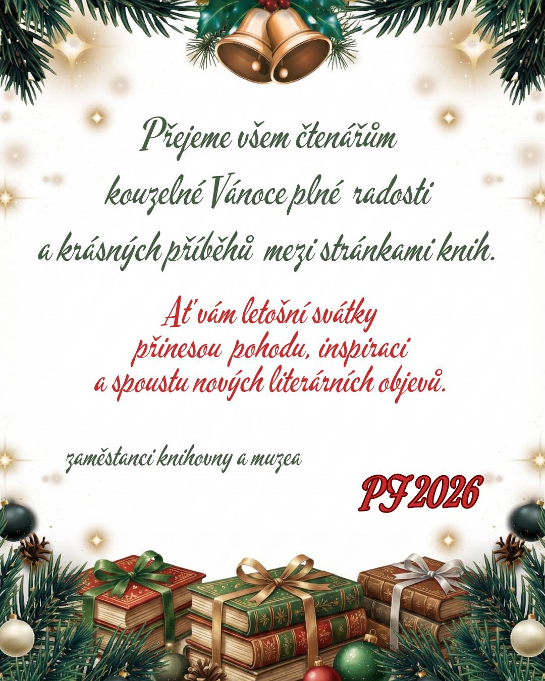 Zaměstncni Městské knihovny Bakov nad Jizerou a Muzea Bakovska si během vánočních svátků dopřejí zasloužené volno. 📅 Zavřeno bude od 22. prosince 2025 do 2. ledna 2026. Děkujeme všem našim čtenářům a návštěvníkům za vaši přízeň v uplynulém roce a přejeme vám krásné, klidné a pohodové Vánoce ✨🎁 👉 Těšit se na vás budeme opět v pondělí 5. ledna 2026 😊