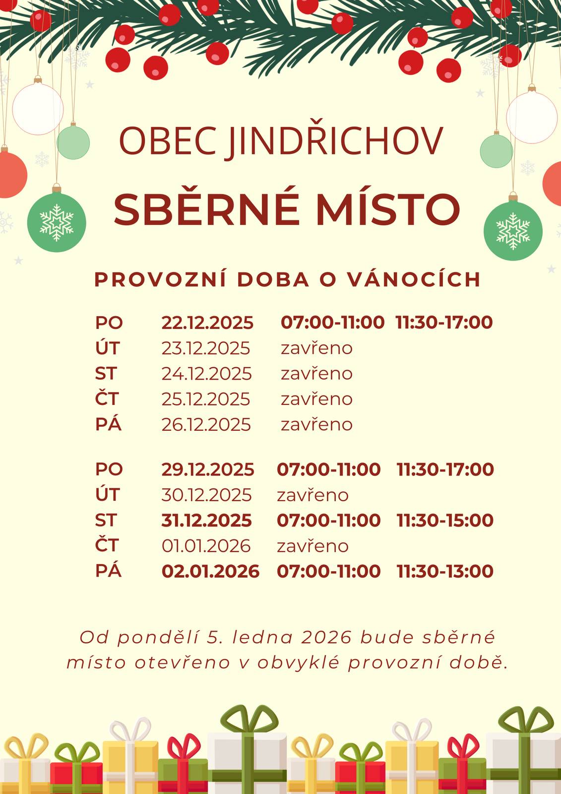 Sběrné místo bude během vánočních svátků otevřeno následovně: