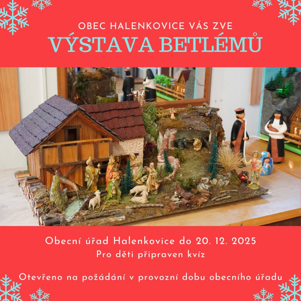 Výstava betlémů je pro vás k dispozici v provozní dobu obecního úřadu, na požádání. Přijďte se podívat na krásnou sbírku různorodých betlémů.    K vidění bude do 20. 12. 2025.     Betlémy poskytla Radmila Viceníková, Oldřichovice