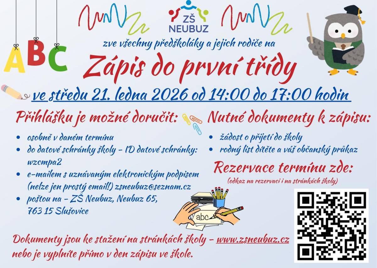 Srdečně Vás zveme k ZÁPISU do ZŠ Neubuz!  Přijďte se podívat, jak to u nás vypadá, seznámit se s učiteli a zažít příjemnou rodinnou atmosféru naší školy.