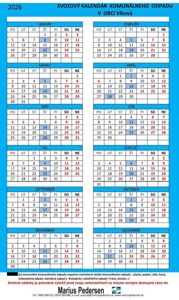 Zvozový kalendár komunálneho odpadu na rok 2026
