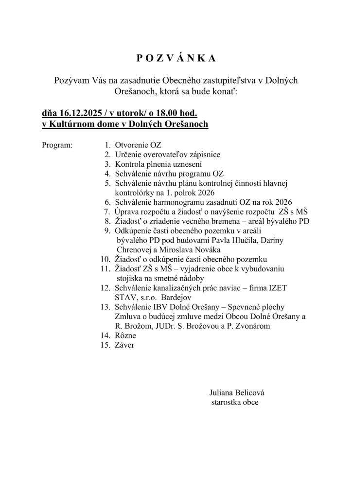 Pozvánka na zasadnutie OZ