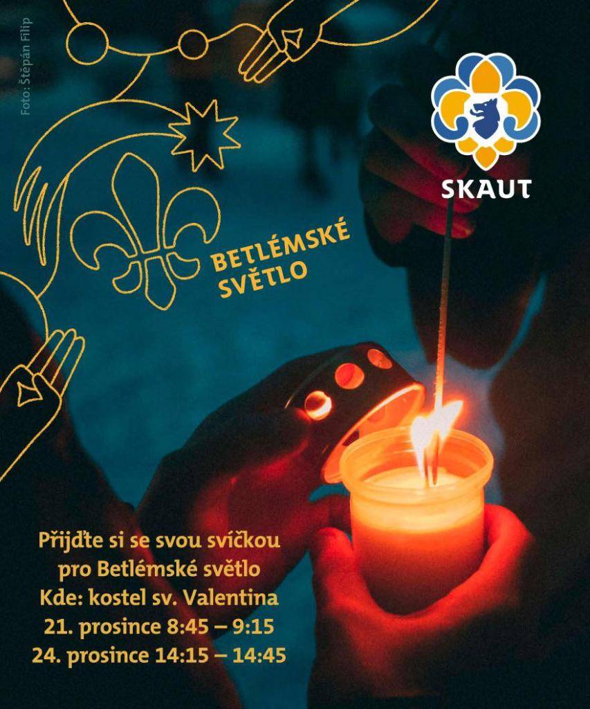 Jako každý rok skauti roznášejí Betlémské světlo po celé České republice. Plamínek odebraný z věčného ohně v Betlémě putuje po celém světě jako symbol míru, lásky, naděje a přátelství.  KDE: kostel sv. Valentina v Bravanticích