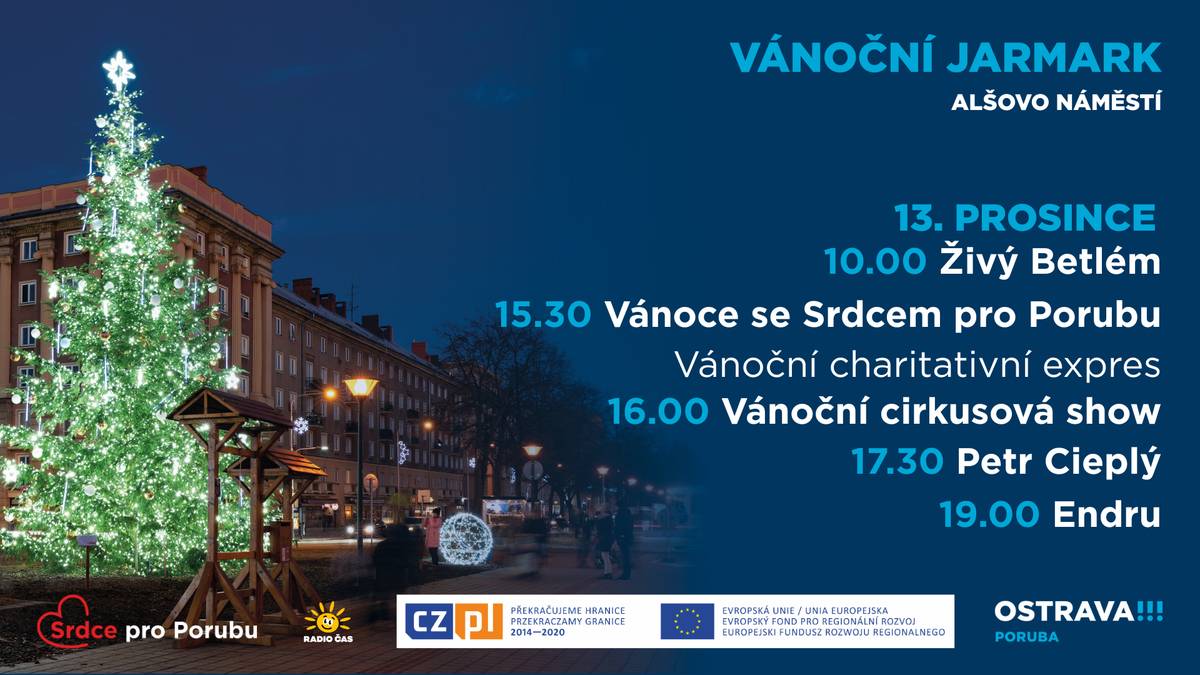 Vánoční jarmark nabídne o víkendu zábavu pro děti i dospělé.  📅 Sobota 13. 12. 2025 ✨ živý betlém ✨ vánoční expres ✨ cirkusová show ✨ vystoupení Petra Cieplého a Endru 📅 Neděle 14. 12. 2025 ✨ živý betlém ✨ vánoční příběh s Olafem a Grinchem ✨ pošťák Štěpán ✨ vystoupení Daniely a Adama Grygarových 📍 Alšovo náměstí
