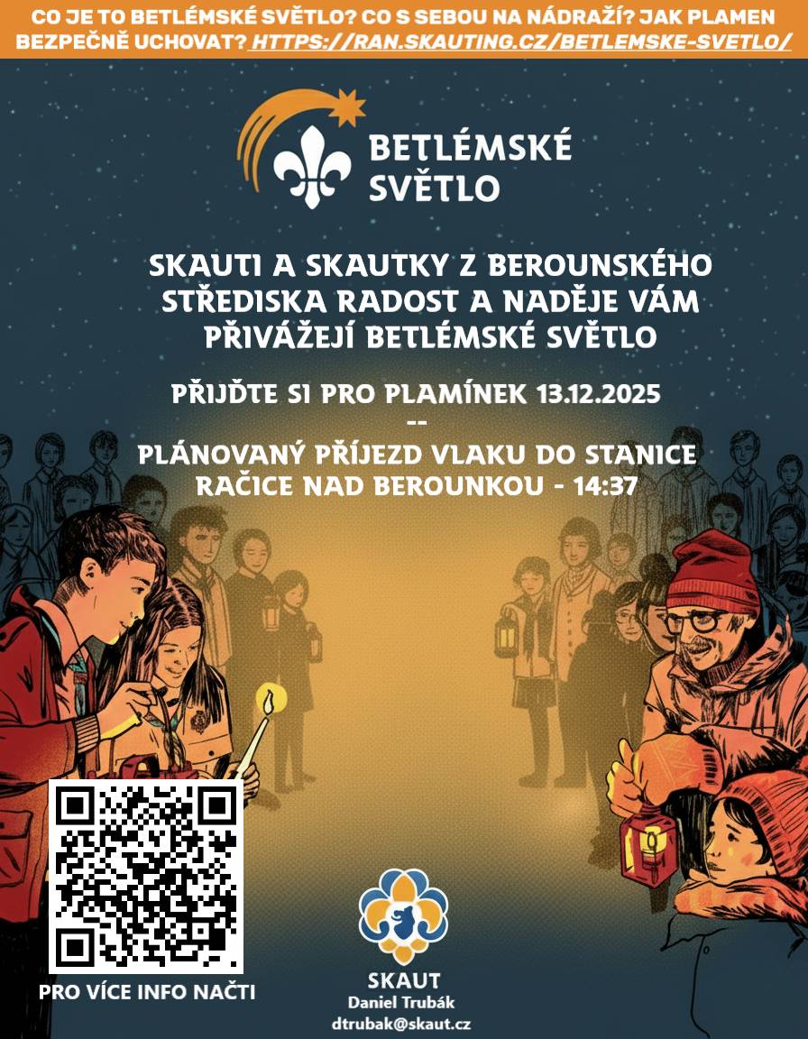Betlémské světlo k nám opět po roce přijede vlakem dne 13.12.2025 ve 14:37 h. Přijďte si pro plamínek na zastávku ČD. Plamínek bude poté k vyzvednutí v hospodě Na Palouku.