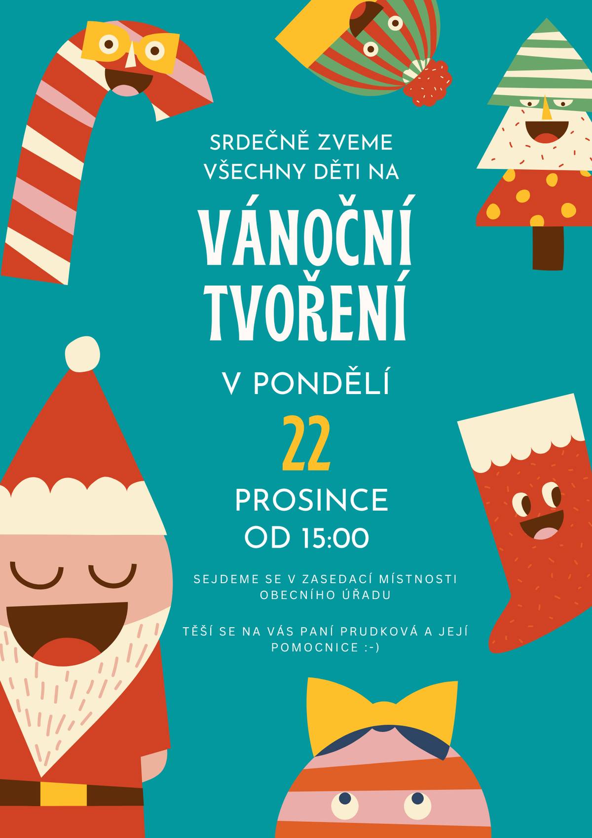 Srdečně zveme všechny děti na Vánoční tvoření, které se uskuteční v pondělí 22. prosince 2025 od 15:00 v zasedací místnosti OÚ Vídeň. Přijďte si užít příjemné předvánoční odpoledne plné tvoření a vánoční atmosféry. 🎄✂️
