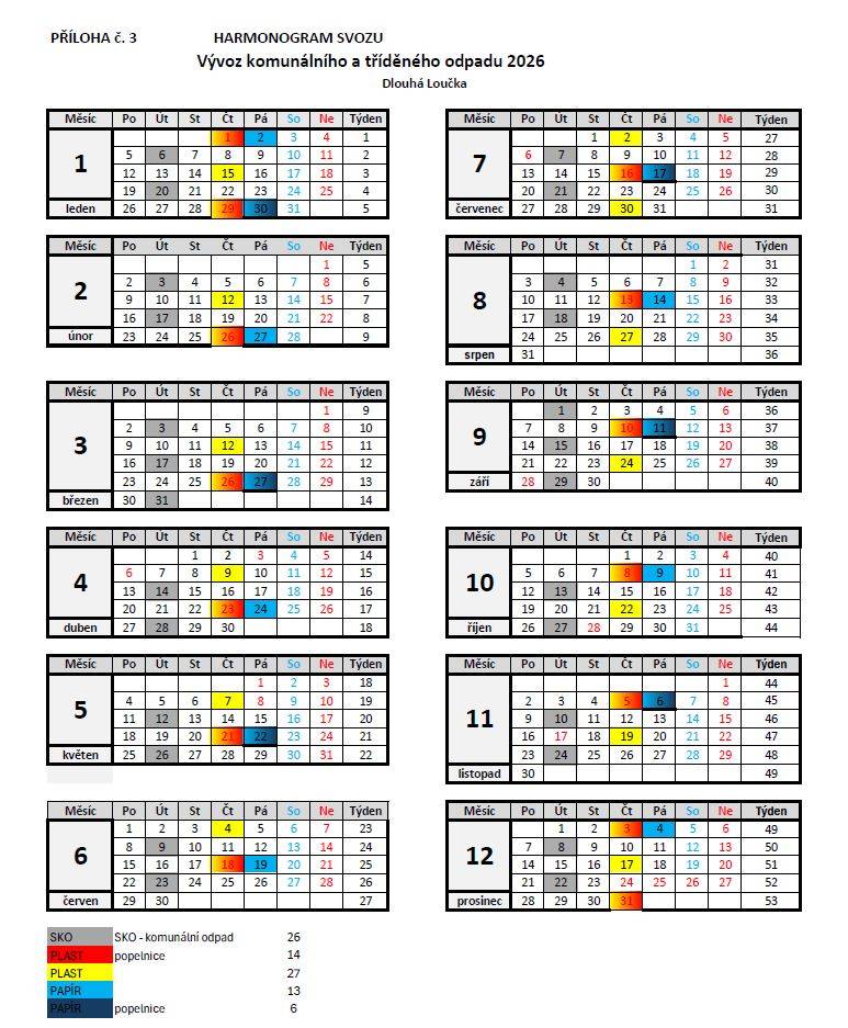 Harmonogram svozu odpadu v obci Dlouhá Loučka 2026:   příloha č. 3 harmonogram svozu 2026 Dlouhá Loučka.pdf