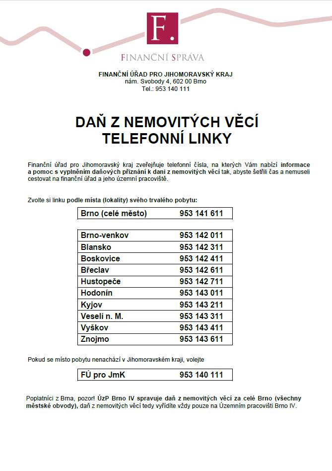 Finanční úřad pro Jihomoravský kraj zveřejňuje telefonní čísla, na kterých Vám nabízí informace a pomoc s vyplněním daňových přiznání k dani z nemovitých věcí tak, abyste šetřili čas a nemuseli cestovat na finanční úřad a jeho územní pracoviště.