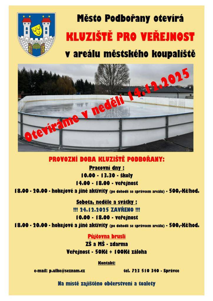 Město Podbořany otevírá od 14.12.2025 kluziště pro veřejnost v areálu městského koupaliště.