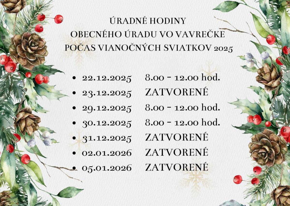 Úradné hodiny OcÚ počas vianočných sviatkov