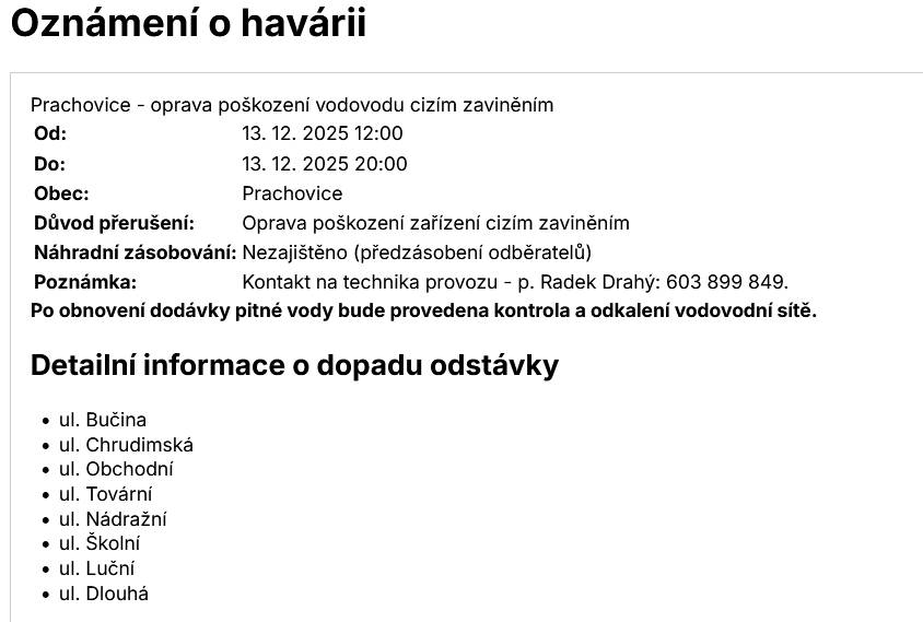 Havárie vody v Prachovicích.