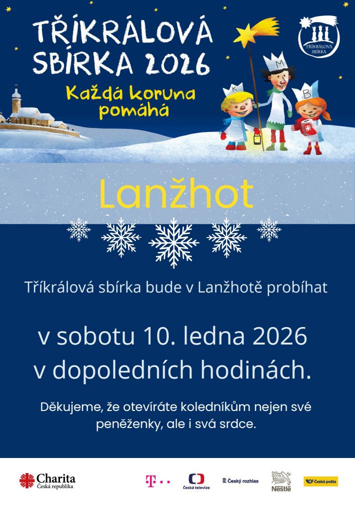 V sobotu 10. ledna 2025 v dopoledních hodinách budou chodit v našem městě koledníci Tříkrálové sbírky.  Děkujeme všem koledníkům, kteří se do Tříkrálové sbírky aktivně zapojí i všem, kteří do sbírky přispějí.  Pro více informací rozklikněte