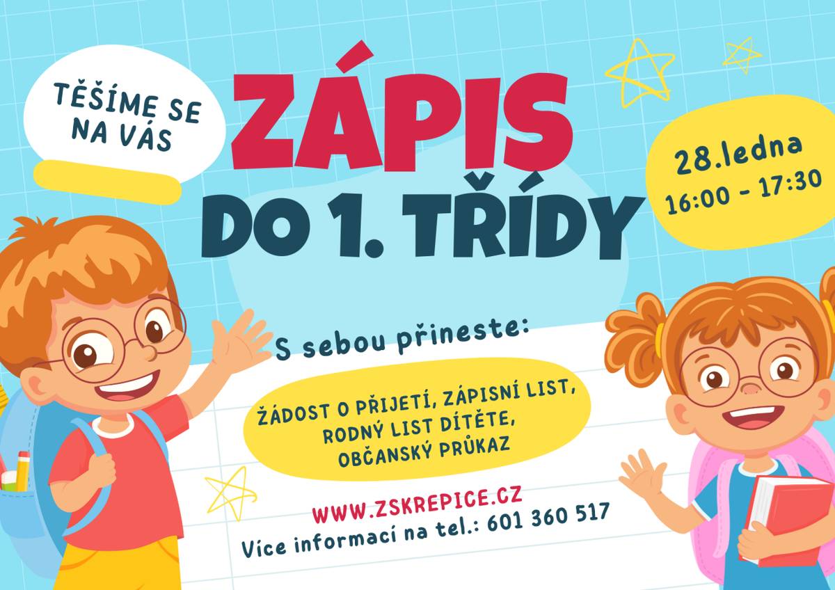 Zveme Vás a Vaše dítě k zápisu do 1. třídy, který se uskuteční ve středu 28. 1. 2026 od 16.00 do 17.30 hod.  Informace a formuláře potřebné k zápisu obdržíte buď v MŠ Křepice nebo stáhnete níže.