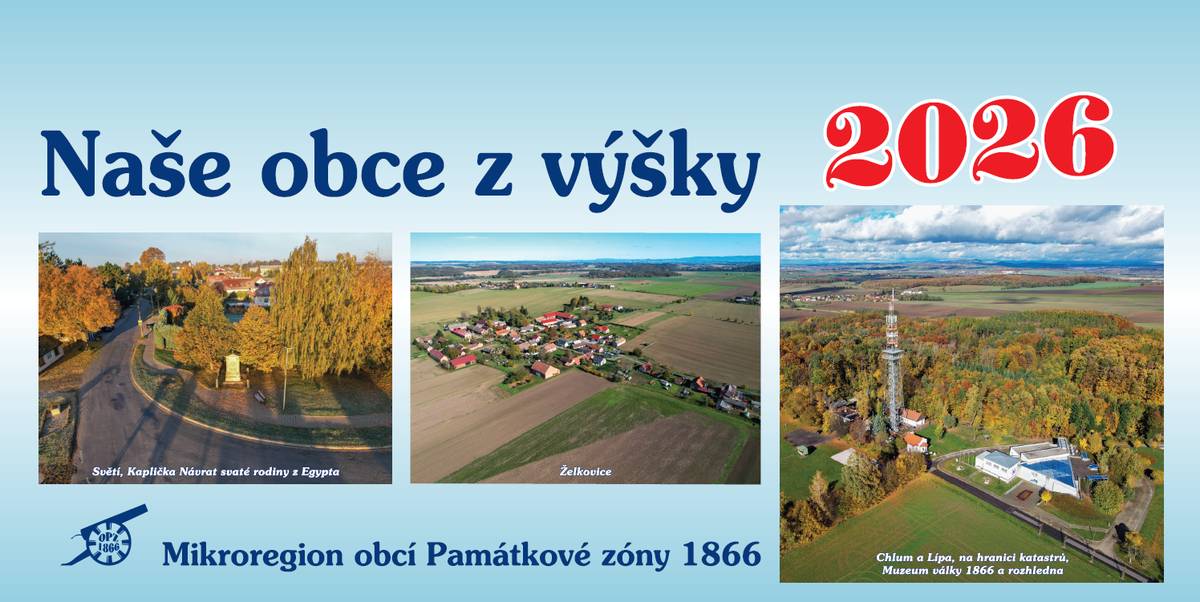 Dnes jsme pro Vás zabalili stolní kalendáře na rok 2026. Tématem jsou fotky našich vesniček focené z výšky. V kalendáři si můžete prohlédnout fotografie z členských obcí Mikroregionu OPZ 1866, včetně všech jejích místních částí. Doufáme, že Vás fotky potěší a že se Vám budou líbit. Kalendáře budeme do schránek roznášet v průběhu úterý - středy, pokud se kalendář do poštovní schránky nevejde, pokusíme se ho umístit do zádveří nebo na okenní parapet. Pokud kalendář do konce týdne nedostanete, prosíme ozvěte se na tel. 723 035 424. Kalendář v Hořiněvsi, Žíželevsi, Želkovicích a Jeřičkách, obdrží každá domácnost, kde je alespoň jeden její člen přihlášen k trvalému pobytu v obci Hořiněves. Přejeme Vám krásné svátky vánoční a šťastný nový rok.