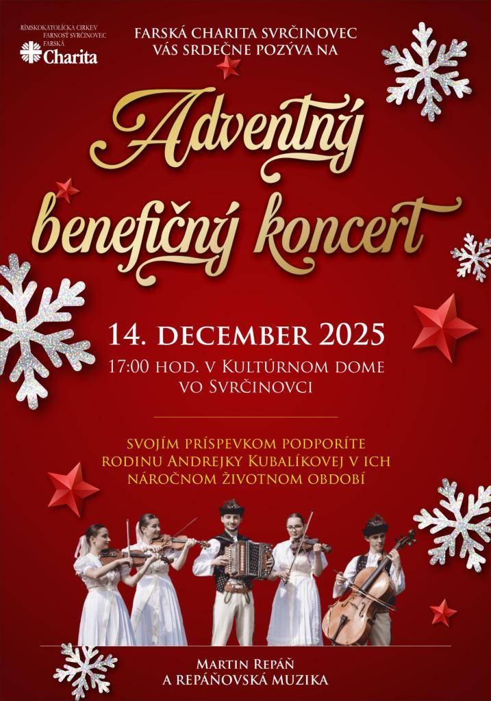 Farská charita Svrčinovec Vás pozýva na adventný benefičný koncert v nedeľu 14.12.2025 o 17.00 hod v kultúrnom dome...