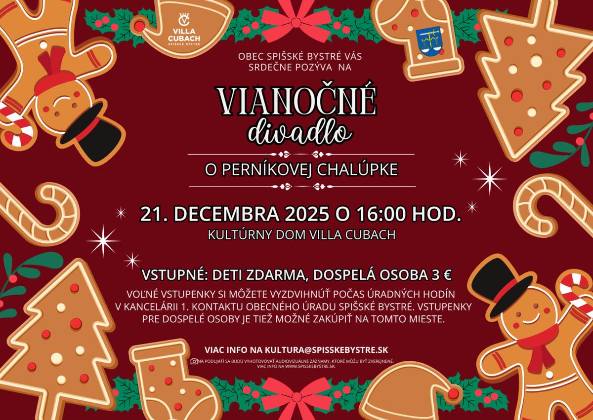 Vianočné divadlo O perníkovej chalúpke - 21. decembra 2025 o 16:00 hod. Kultúrny dom Villa Cubach