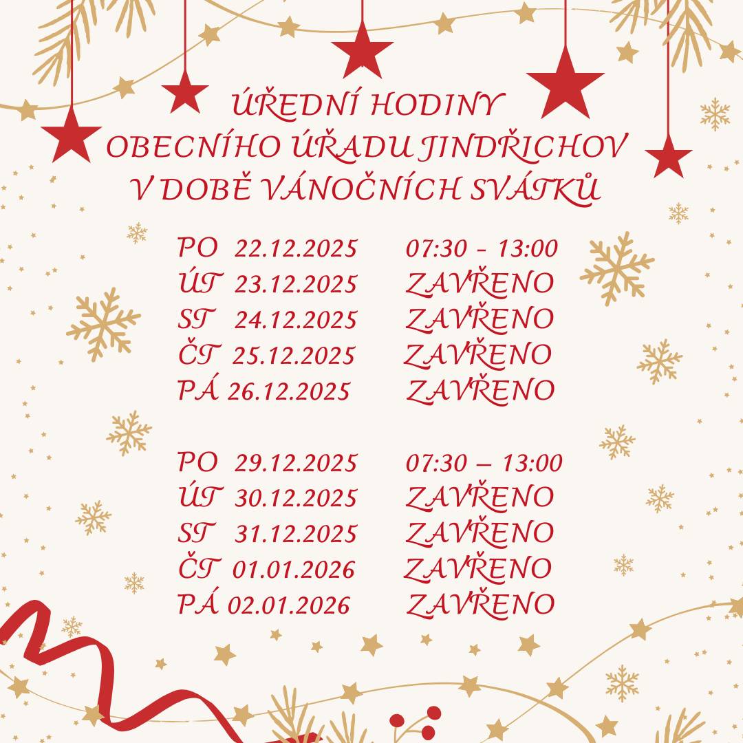 Obecní úřad Jindřichov bude otevřen o vánocích následovně: