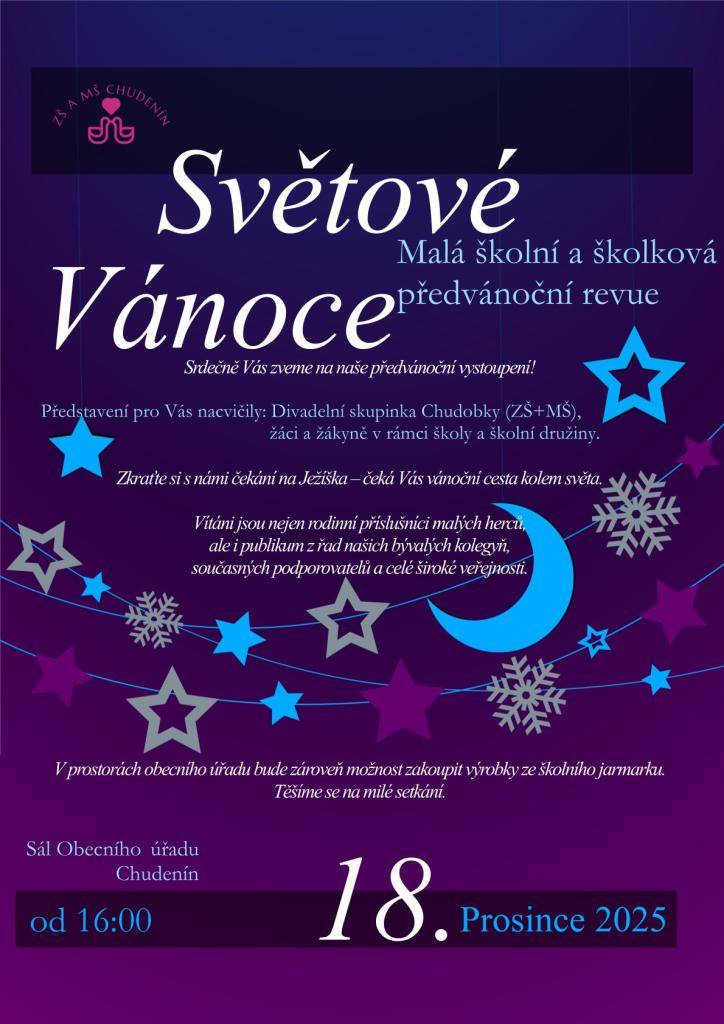 Zkraťte si s námi čekání na Ježíška – čeká Vás vánoční cesta kolem světa.    Vítáni jsou nejen rodinní příslušníci malých herců,  ale i publikum z řad našich bývalých kolegyň,  současných podporovatelů a celé široké veřejnosti.