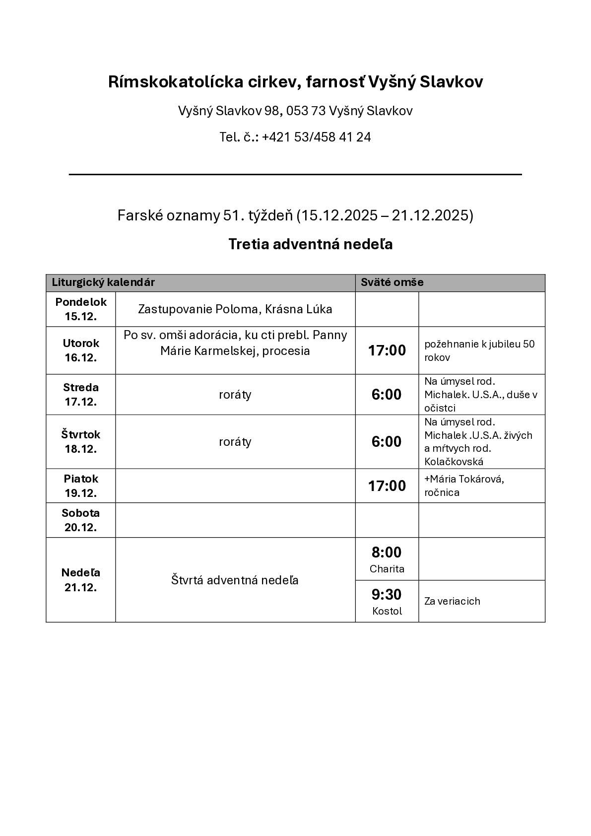 Farské oznamy na 51. týždeň