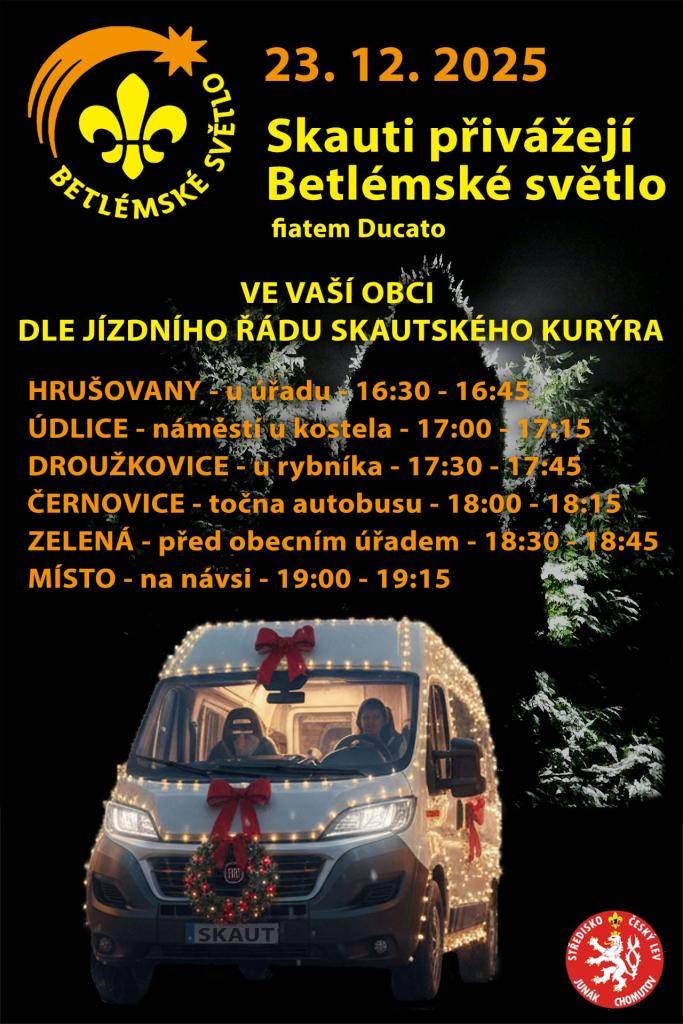 I v letošním roce nám Skauti přivezou Betlémské světlo. Dne 23. 12. 2025 v 17:00 ke kostelu.