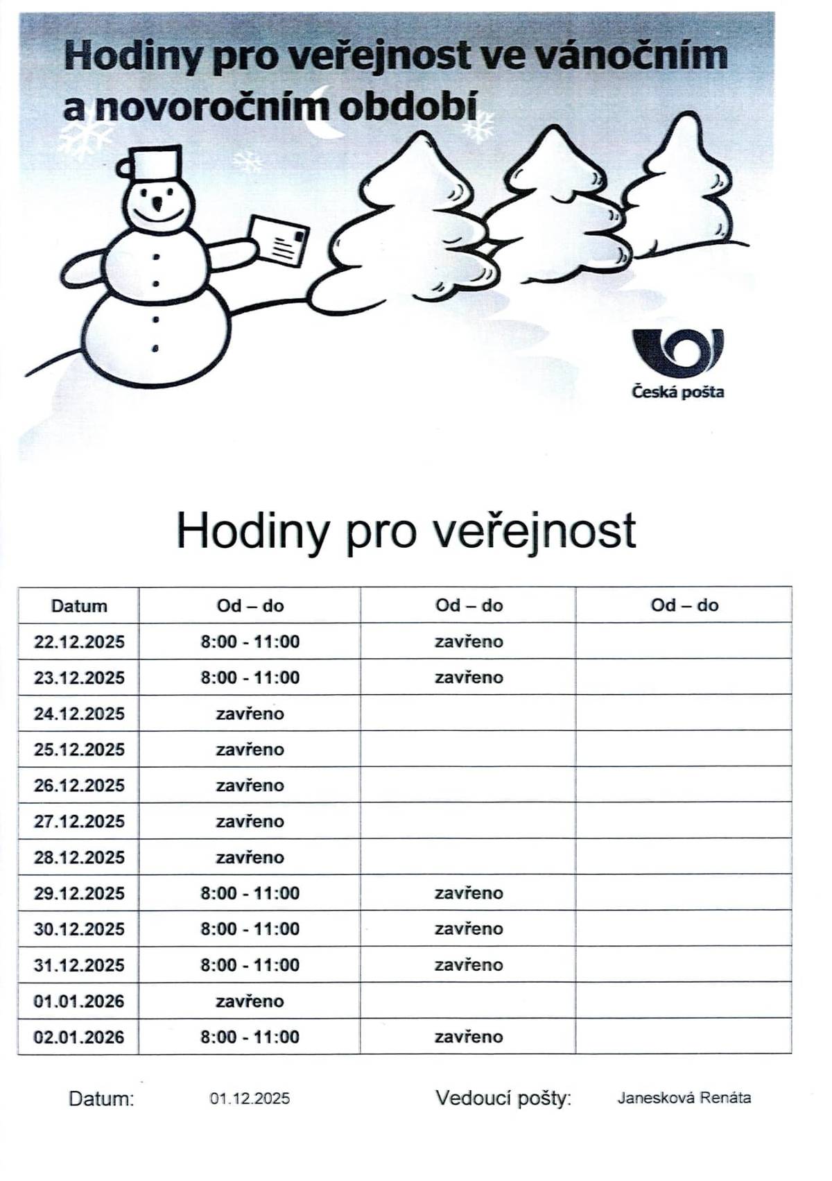 Hodiny pro veřejnost ve vánočním a novoročním období