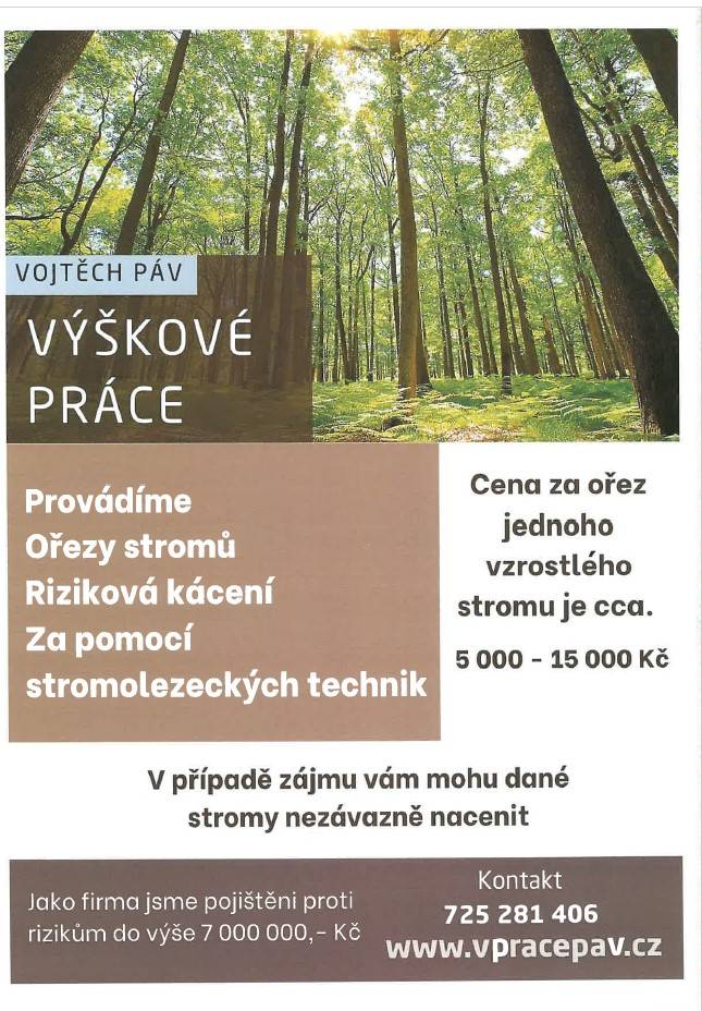 Firma, která se zaměřuje na ořezy stromů a riziková kácení nabízí své služby pro občany naší obce obce.