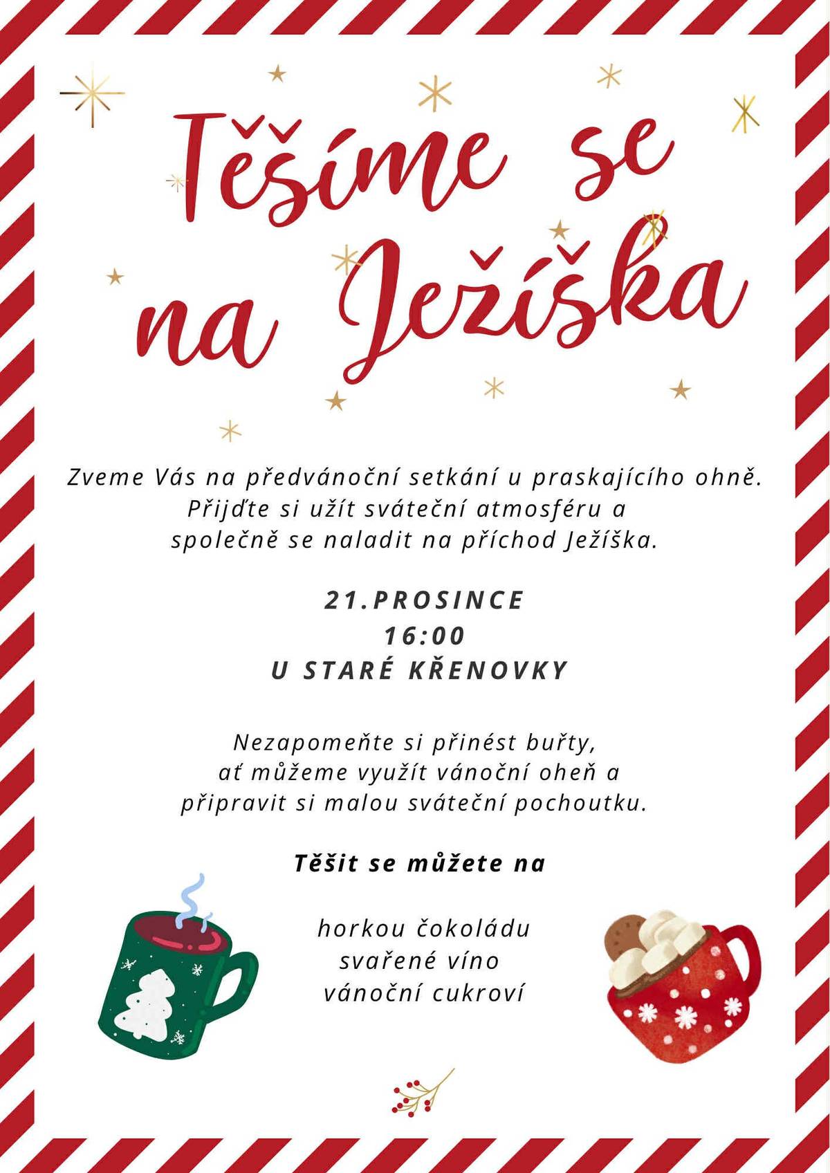 🎄 Těšíme se na Ježíška 🎄 Srdečně zveme všechny spoluobčany na příjemné předvánoční setkání u praskajícího ohně, které se uskuteční o poslední adventní neděli ✨. Přijďte si užít sváteční atmosféru, na chvíli se zastavit v předvánočním shonu a společně se naladit na příchod Ježíška. 📅 21. prosince 🕓 od 16:00 📍 u Staré křenovky Nezapomeňte si přinést buřty , ať si je můžeme opéct na vánočním ohni. Těšit se můžete na horkou čokoládu ☕, svařené víno 🍷 a vánoční cukroví 🍪. Celé setkání doprovodí vánoční koledy 🎶, které dotvoří pravou sváteční atmosféru ⭐. Přijďte s námi strávit příjemné předvánoční odpoledne. Obec Krchleby