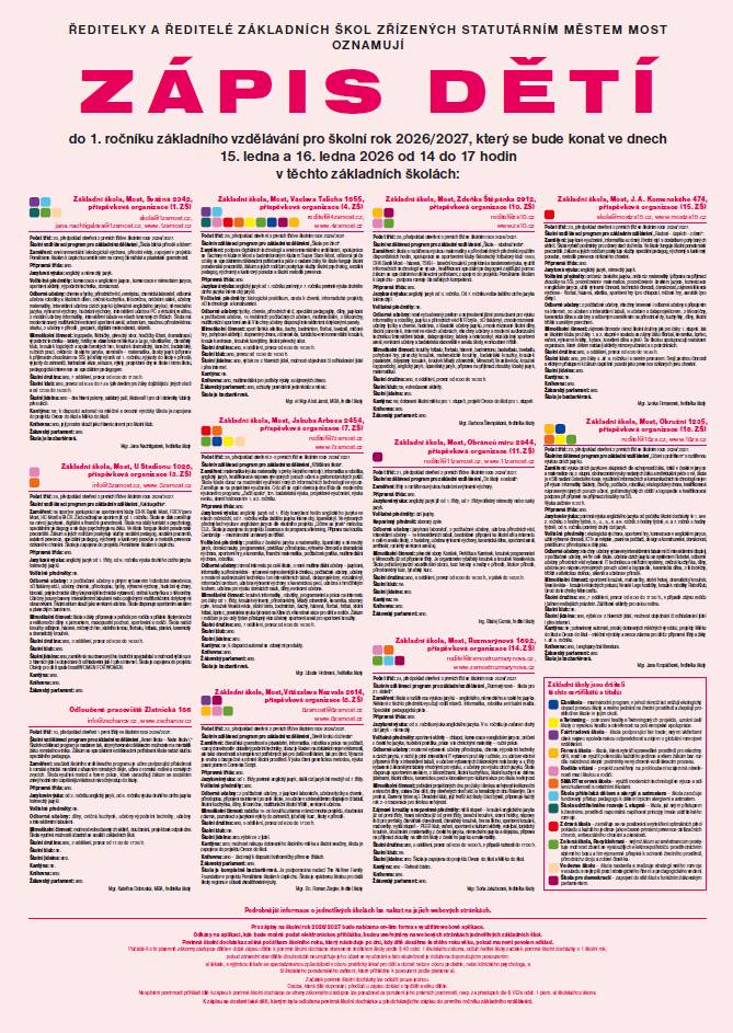 Zápis do 1. ročníku základního vzdělávání pro školní rok 2026/2027, který se bude konat ve dnech 15. a 16. ledna 2026 od 14:00 do 17:00 hodin.