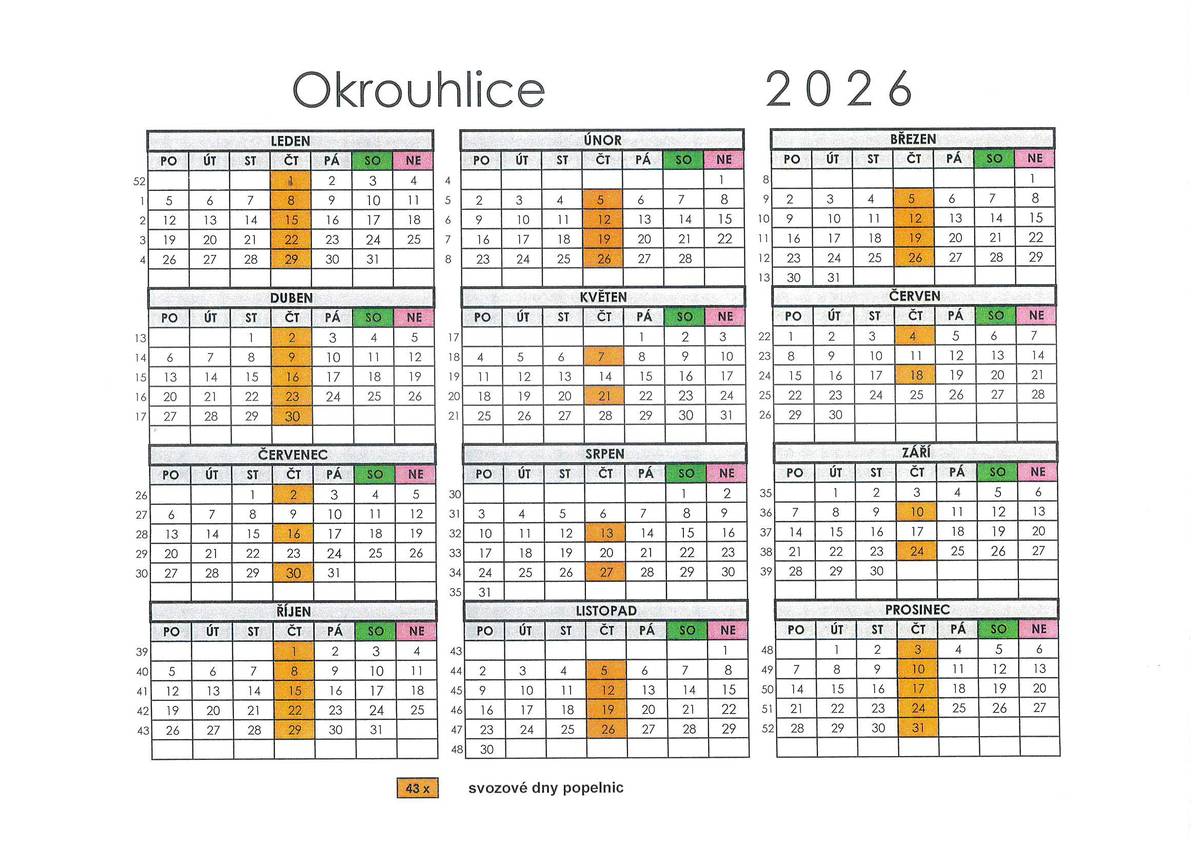V roce 2026 bude vývoz popelnic probíhat dle přiloženého kalendáře. OÚ Okrouhlice