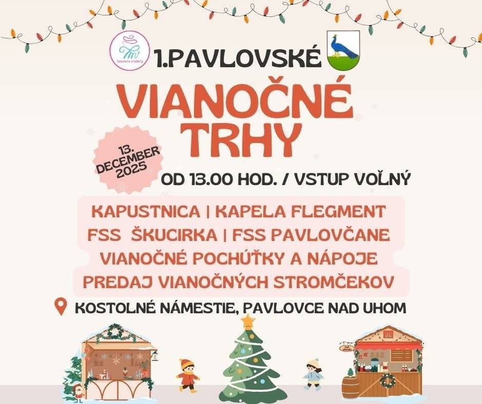 V susedných Pavlovciach nad Uhom sa už 13. decembra od 13:00 chystajú 1. Pavlovské vianočné trhy. Ak máte chuť nadýchať sa sviatočnej nálady, Pavlovčania vás s radosťou privítajú na Kostolnom námestí.
