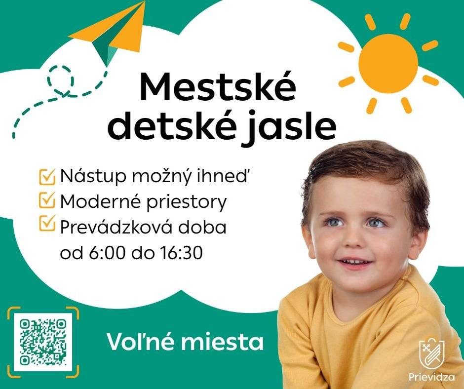 Hľadáte pre svoje dieťatko láskyplné a bezpečné prostredie? U nás máte istotu, že bude v dobrých rukách.   Nástup možný ihneď – nemusíte čakať. Možnosť umiestniť dieťatko aj na pol dňa. Prevádzková doba od 6:00 do 16:30 – prispôsobená potrebám rodičov.  Spokojní rodičia hovoria za nás. Prečítajte si recenzie na našej webovej stránke.   Máte otázky? Neváhajte nás kontaktovať. Prihlášku  a viac informácií nájdete TU: https://prievidza.sk/mestske-jasle/