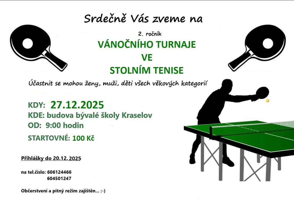 Přihlášky na vánoční turnaj ve stolním tenise do 20.12.2025