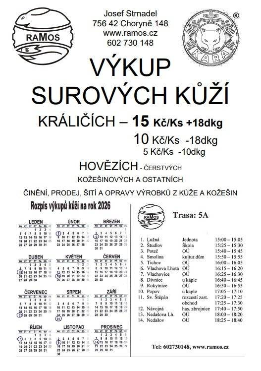 Výkup surových kůží - rozpis na rok 2026.