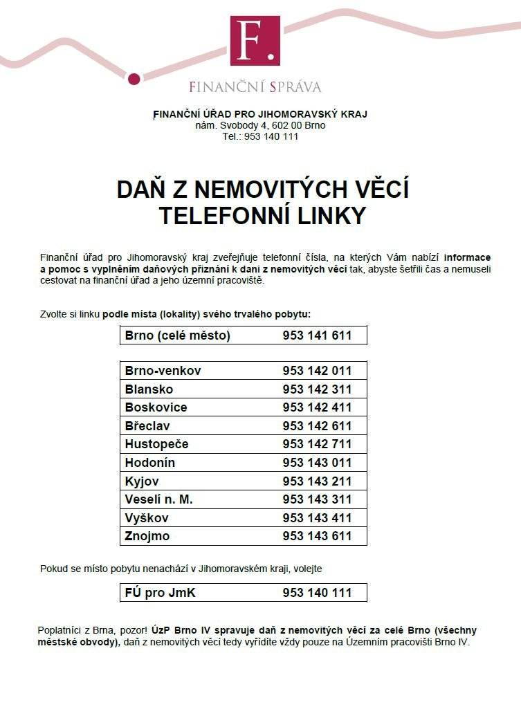 Vážení občané, z pověření ředitele Finančního úřadu pro Jihomoravský kraj Vám předkládám informační letáky k infolinkám speciálně zřízeným finančním úřadem pro zodpovídání telefonických dotazů z oblasti daně z nemovitých věcí, navíc s možností vyplnění přiznání našimi správci přímo po telefonu. Infolinky budou v provozu až do 2. 2. 2026, každý pracovní den. V závěru ledna pak úřad prodlouží úřední hodiny na všech svých pracovištích, o konkrétních dnech a časech Vás budeme včas informovat. Všechny další informace k dani z nemovitých věcí naleznete na webu financnisprava.gov.cz.