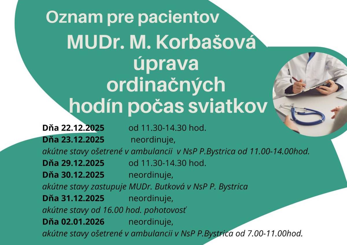 Počas sviatkov bude mať MUDr. M. Korbašová upravené ordinačné hodiny.