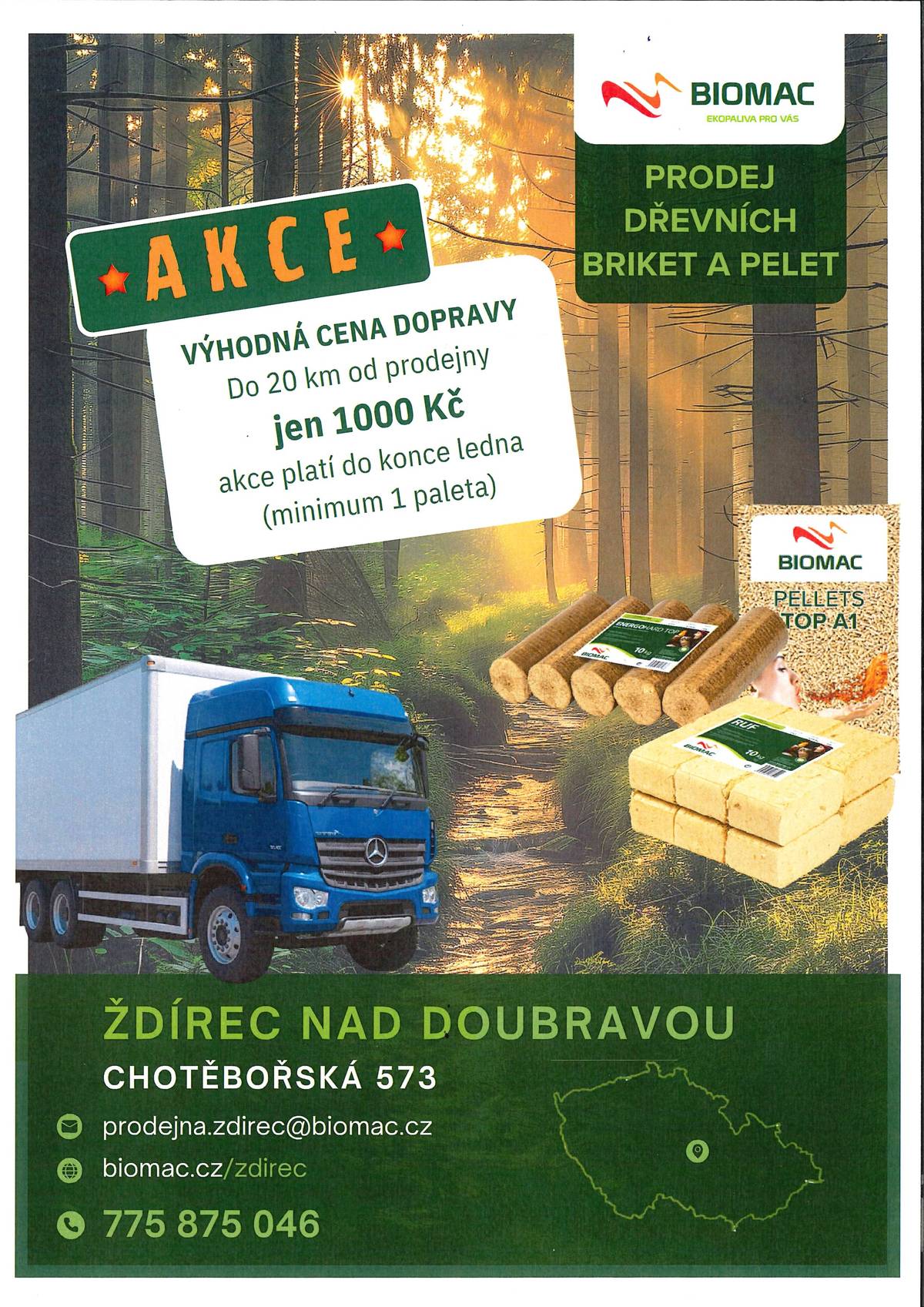 AKCE na dopravu od BIOMAC Ždírec! Jen do konce LEDNA: Nechejte si přivézt jednu či více palet dřevních BRIKET či PELET do 20 km od prodejny za pouhých 1000 Kč!